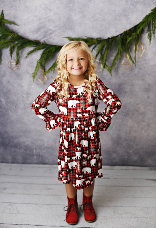 Adorable Sweetness Kids Winter Christmas Holiday Buffalo Bear Ruffle Dress size 5